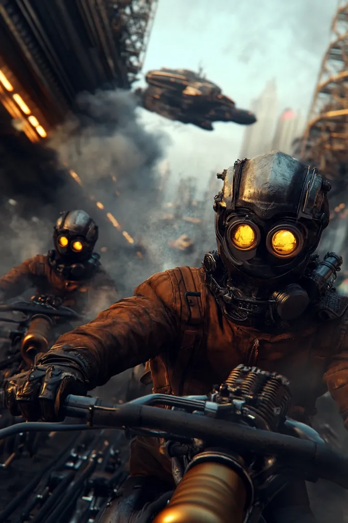 Two figures, clad in futuristic, gas-masked attire and riding heavily modified motorcycles, speed through a post-apocalyptic cityscape.  A damaged spaceship flies overhead amidst smoke and debris. The scene is dark, gritty, and evokes a sense of urgency and danger.  The riders' glowing goggles stand out against the dark, industrial environment.