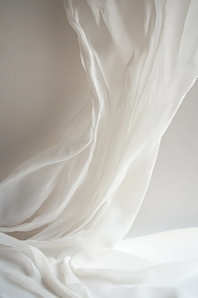 A flowing white fabric drapes elegantly against a neutral background.  The sheer material creates soft, undulating folds and shadows, showcasing its delicate texture and ethereal quality. The image evokes a sense of lightness, grace, and serenity.  The subtle variations in light highlight the fabric's translucency.