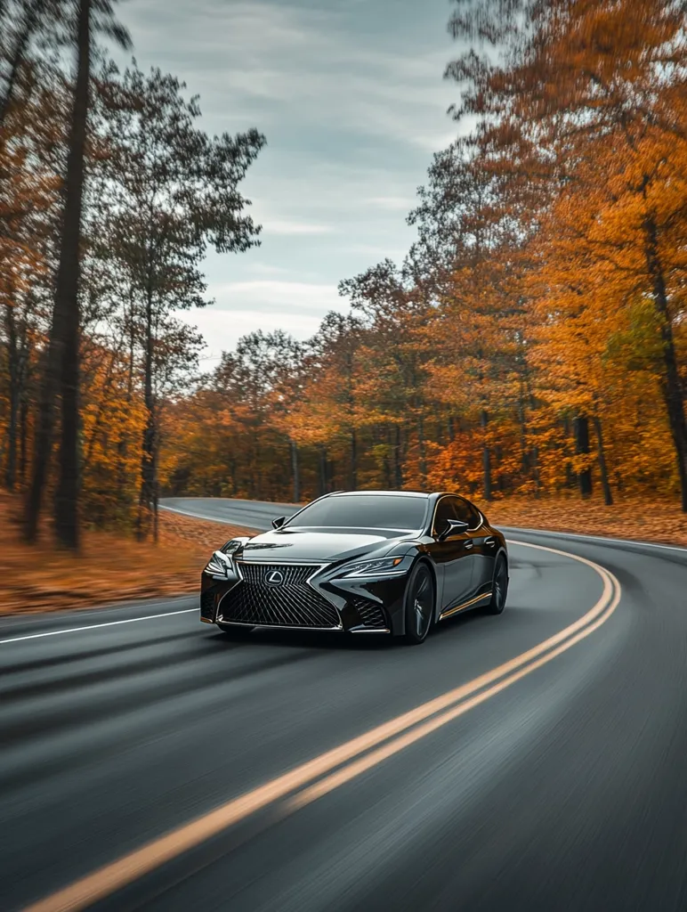 A sleek, black Lexus sedan speeds along a winding road.  Autumn leaves in vibrant oranges and reds frame the asphalt, creating a picturesque backdrop. The motion blur suggests a sense of speed and freedom.  The car appears modern and luxurious, gliding effortlessly through the scenic fall landscape.