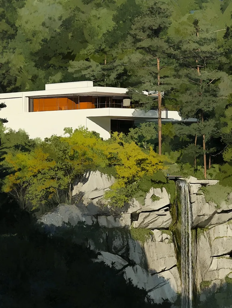 A modern, white house with orange-toned windows sits perched on a cliffside overlooking a cascading waterfall.  Lush green trees and vibrant yellow foliage surround the house and the rocky precipice. The scene is serene and idyllic, showcasing a harmonious blend of architecture and nature.  The painting style is painterly and impressionistic, with soft brushstrokes conveying depth and light.