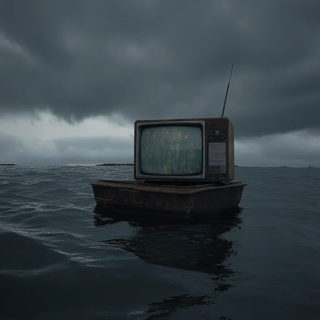 A vintage, rusty television set sits atop a weathered metal container, adrift in a dark, stormy sea under a brooding, gray sky.  The antenna points upward, a solitary element against the vastness of the water. The scene evokes a feeling of isolation and abandonment, suggesting the obsolescence of old technology in a harsh, unforgiving environment.