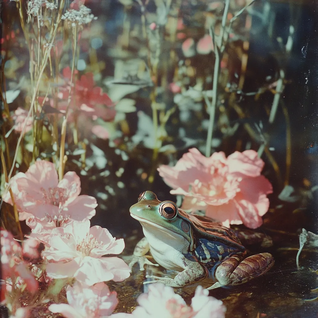 A vibrant green and brown frog sits amidst a bed of soft pink flowers.  The frog's large, expressive eyes are captivating.  The overall image evokes a serene and whimsical atmosphere, with a dreamy, slightly vintage aesthetic.  The delicate blooms surround the amphibian, creating a beautiful natural tableau.