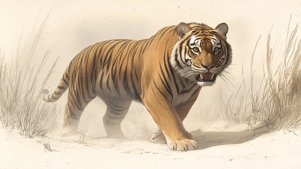 A majestic tiger strides across a sandy landscape, its orange and black stripes contrasting sharply against the pale background.  Dust rises slightly around its paws as it moves purposefully.  Tall grasses frame the scene, adding to the wild, untamed atmosphere. The tiger's gaze is direct, conveying both power and a hint of menace. The overall style is realistic, yet subtly stylized, emphasizing the creature's beauty and strength.