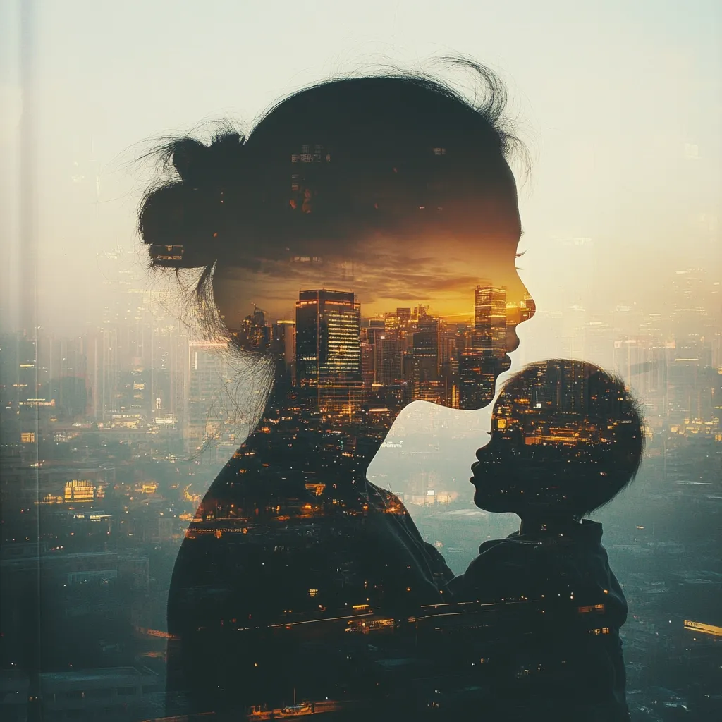 A double exposure image portrays a mother and child silhouetted against a vibrant cityscape at sunset. The mother's profile is gently nuzzled against the child's, creating a tender moment. The city lights blend seamlessly with their forms, symbolizing the boundless love and the vast world awaiting the child.  The image evokes a sense of warmth, protection, and the enduring connection between parent and offspring.