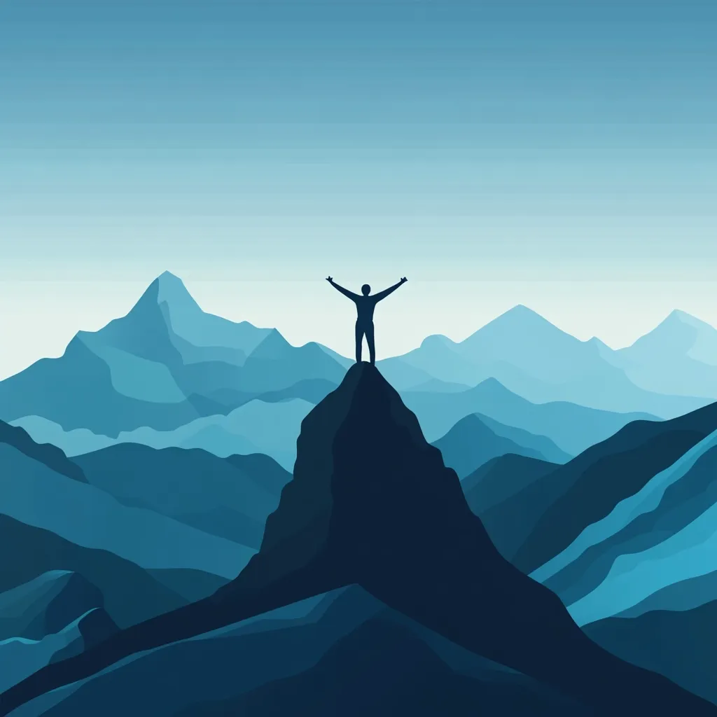A silhouette of a person stands atop a mountain peak with arms outstretched, overlooking a vast, serene mountain range. The mountains fade into the horizon under a pale blue sky. The scene evokes a sense of accomplishment and freedom, symbolizing the achievement of a challenging goal. The color palette is predominantly cool blues, creating a peaceful and majestic atmosphere.