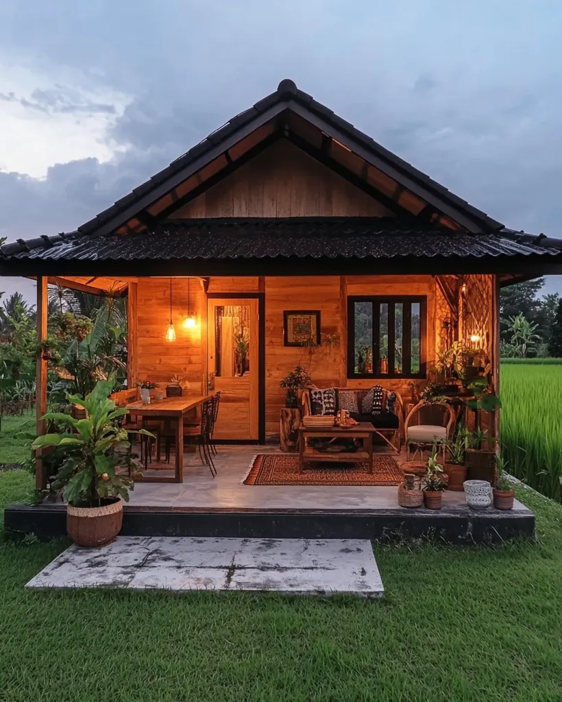 A cozy wooden cabin, illuminated by warm pendant lights, sits on a verdant lawn.  The covered porch features a dining area, a seating arrangement with a low coffee table, and potted plants. The cabin's dark roof and wooden walls create a rustic charm, while the surrounding rice paddies hint at a tranquil rural setting.  The scene evokes a sense of peace and serenity.