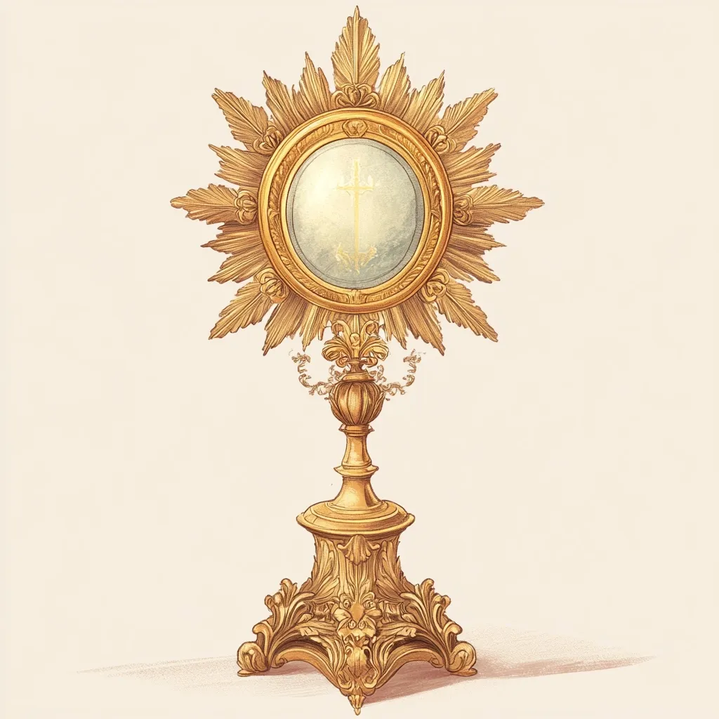 A detailed illustration depicts a monstrance, a sacred vessel used in Catholic Mass to display the consecrated host.  The ornate gold monstrance features a sunburst-shaped frame surrounding a clear, circular receptacle.  Intricate carvings adorn the base and stem, showcasing elaborate floral and acanthus leaf motifs. A simple cross is subtly visible within the central disc.  The overall style suggests a classical or baroque aesthetic.