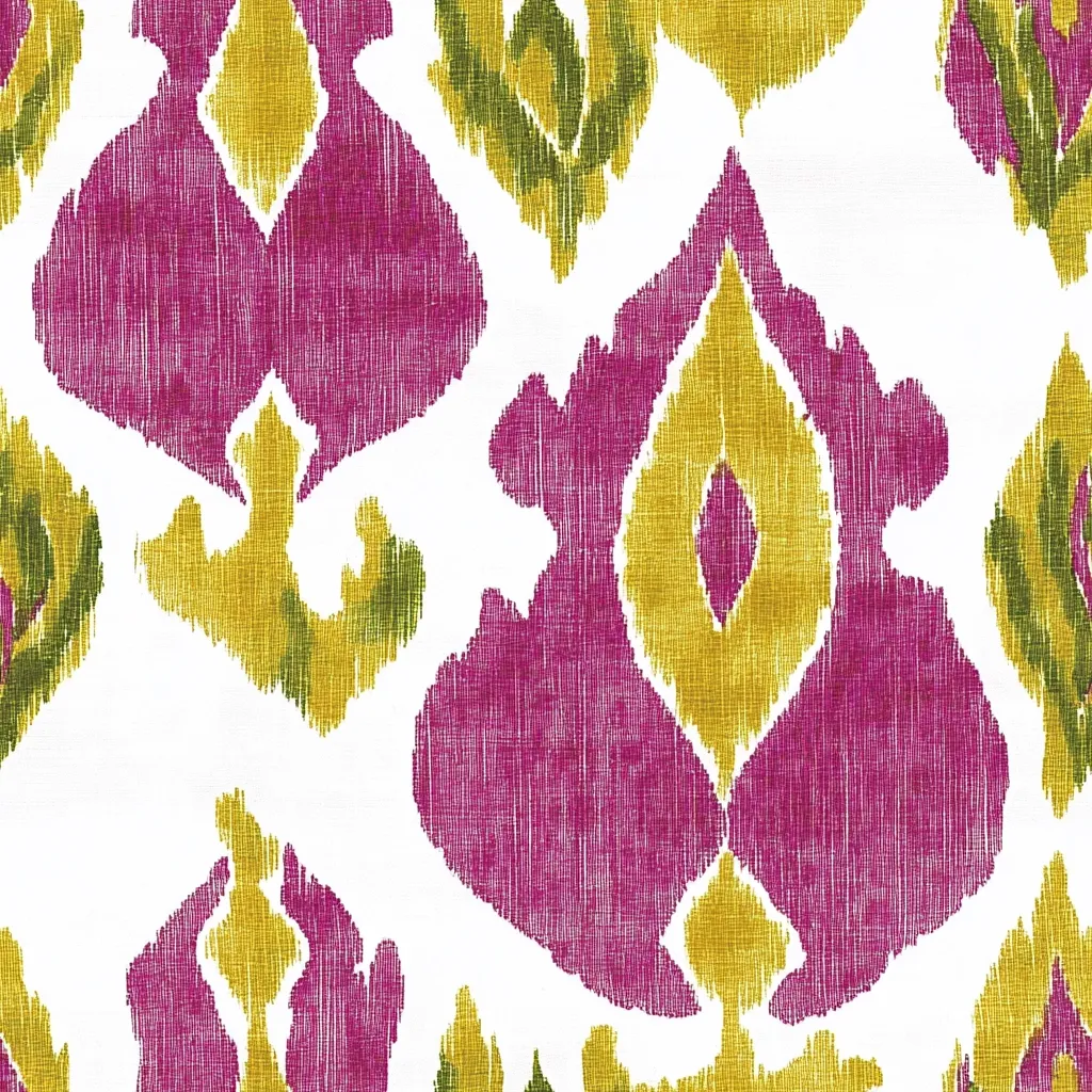 A seamless textile pattern showcases a vibrant ikat design.  The main motifs are teardrop-shaped, featuring a rich magenta center outlined by a golden yellow, and accented with olive green details. The pattern is set against a crisp white background, creating a striking contrast. The texture appears woven, lending an artisanal feel. The overall effect is bold and sophisticated, suitable for upholstery or drapery.