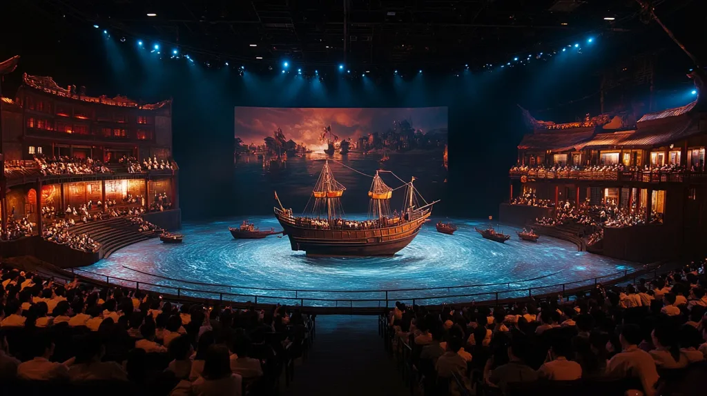 A large theater stage depicts a historical maritime scene.  A large wooden sailing ship is the centerpiece, afloat on a simulated ocean displayed on a circular stage.  Ancient-style Chinese buildings flank the stage, filled with seated audience members.  A large screen in the background enhances the aquatic setting. The modern theater's seating is full of spectators enjoying the performance.