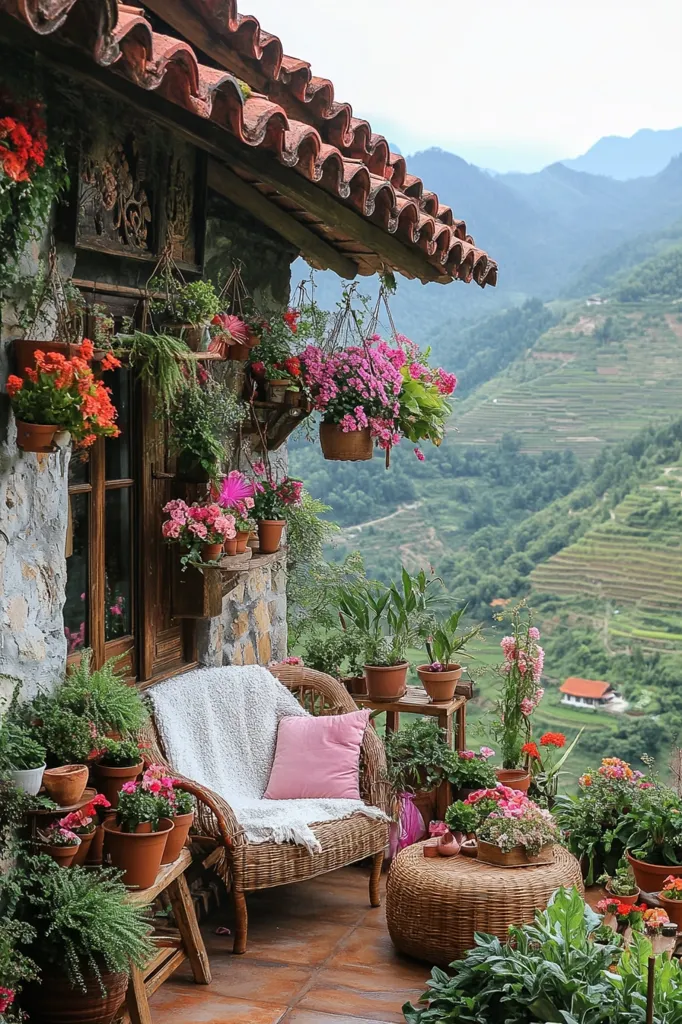 A charming wicker chair with a white throw and pink pillow sits on a terracotta patio overlooking terraced rice fields and mountains.  Abundant flowering plants in terracotta pots and hanging baskets adorn the stone cottage's exterior. The scene evokes a peaceful, idyllic setting, rich with natural beauty and rustic charm.  A woven ottoman adds to the cozy ambiance.