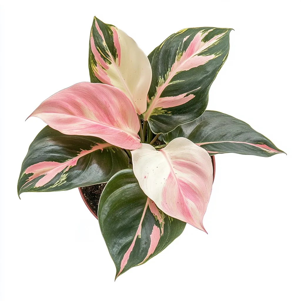 A Philodendron Pink Princess sits in a small pot, viewed from directly above.  Its leaves are a striking combination of dark green, creamy white, and vibrant pink, creating a variegated pattern.  The plant is lush and healthy, showcasing the beautiful contrast of colors in its foliage.  The background is pure white, isolating the plant and emphasizing its unique appearance.