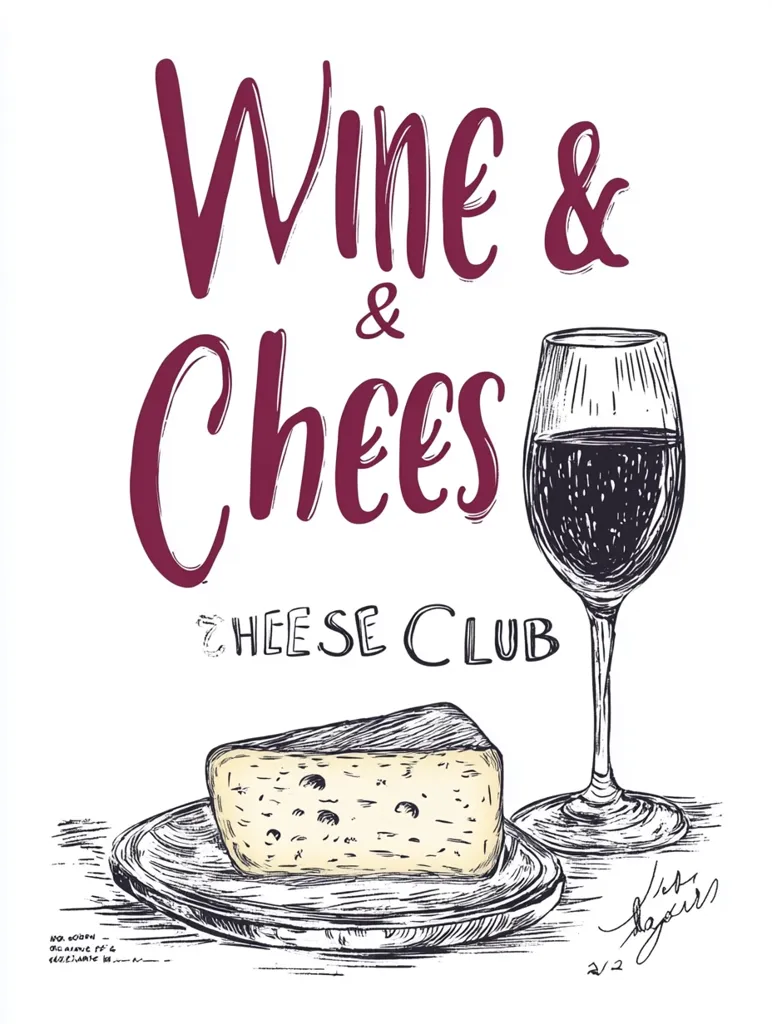 A hand-drawn illustration for a "Wine & Cheese Cheese Club."  The design features a glass of red wine, a wedge of cheese on a plate, and the club's name written in stylized lettering. The overall style is rustic and charming, suggesting a relaxed and enjoyable gathering centered around wine and cheese.  A small signature is present at the bottom.