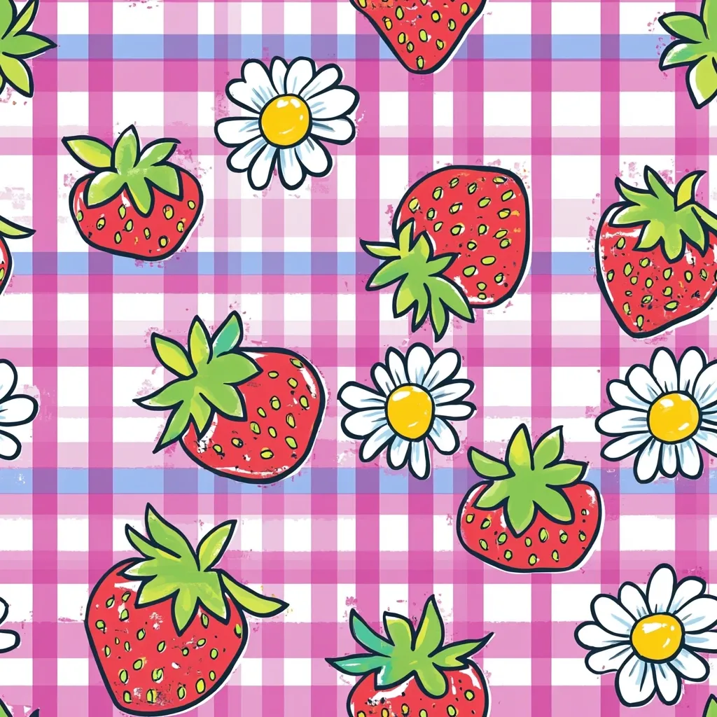 A seamless pattern featuring cartoon strawberries and daisies on a pink and purple gingham background. The strawberries are red with green leaves, and the daisies are white with yellow centers.  The style is playful and slightly distressed, giving a vintage feel. The overall effect is cheerful and summery, suitable for fabrics or wrapping paper.