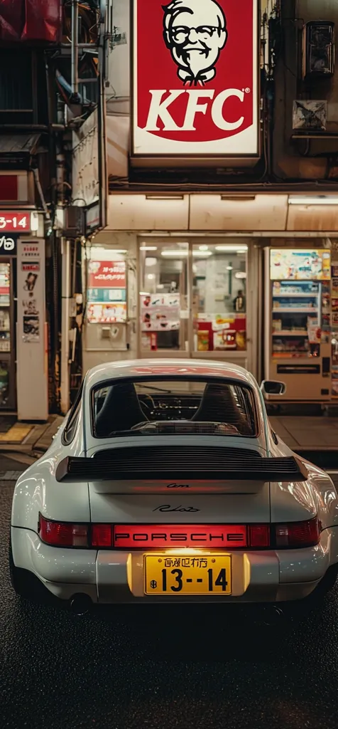 A rear view of a classic white Porsche 911 Carrera parked on a city street at night.  The car is sharply focused, contrasting with the softly lit background featuring a KFC sign and a convenience store. The Japanese license plate adds to the urban setting. The image evokes a nostalgic and stylish atmosphere.