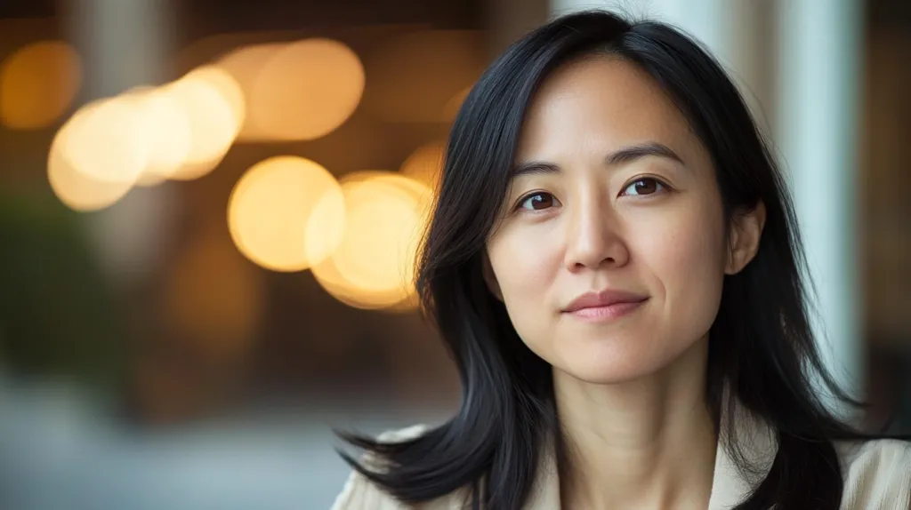 A young Asian woman with long, dark hair looks directly at the camera.  Her expression is serene and confident. She's wearing a light beige top.  The background is softly blurred, featuring warm, out-of-focus lights, suggesting an indoor setting.  The image conveys a sense of calm and professionalism.