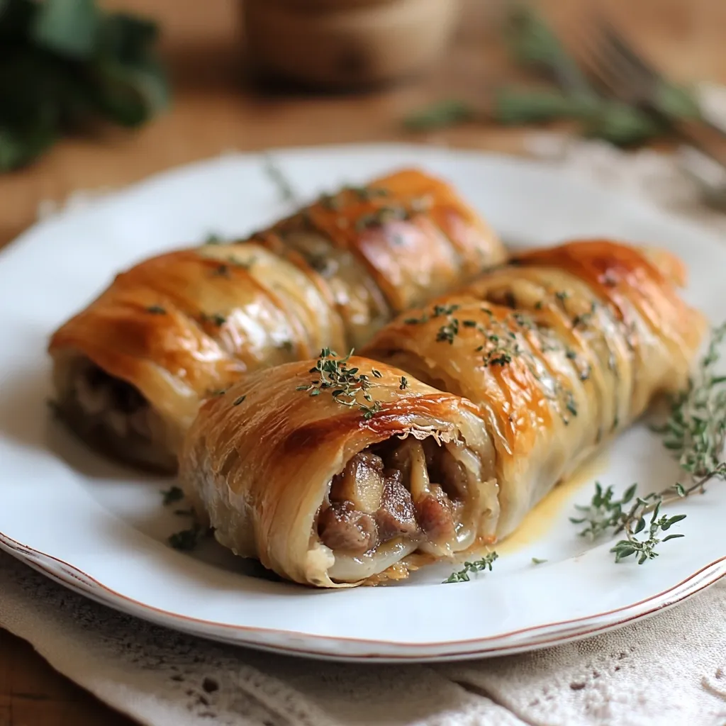Three golden-brown pastry rolls, filled with savory meat, are elegantly arranged on a white plate.  Garnished with fresh thyme sprigs, the rolls exhibit a flaky, layered texture.  The image suggests a delicious and comforting dish, possibly a variation of a classic savory pastry.  The shallow depth of field focuses on the center roll, highlighting its appetizing interior.