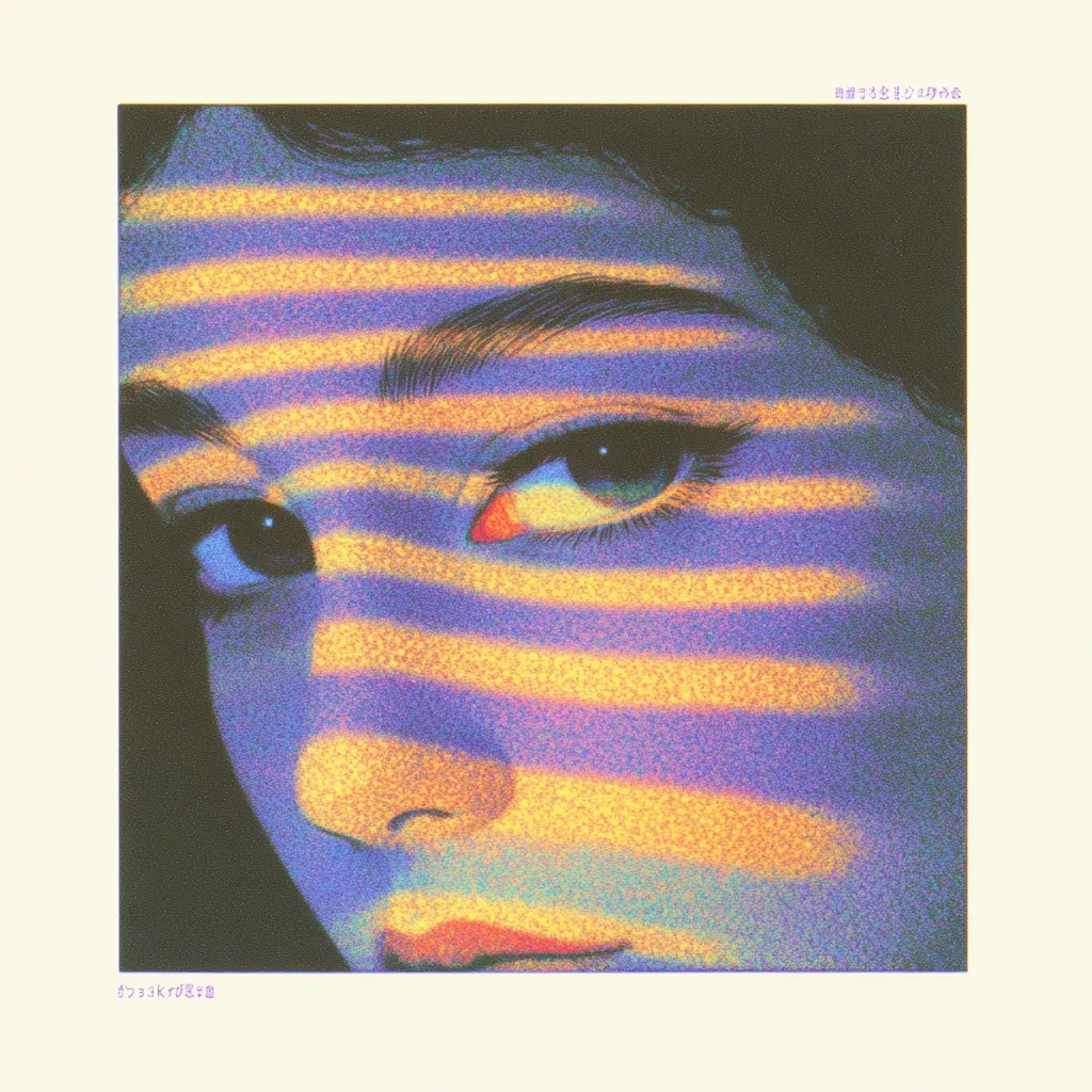 A close-up, stylized portrait of a woman's face.  Horizontal stripes of warm yellow and orange overlay a cool purple-toned skin.  Her eyes are partially visible, and the overall effect is one of mystery and intrigue. The image utilizes a grainy, almost pixelated texture.  The style is reminiscent of retro digital art or a print with a vintage feel.