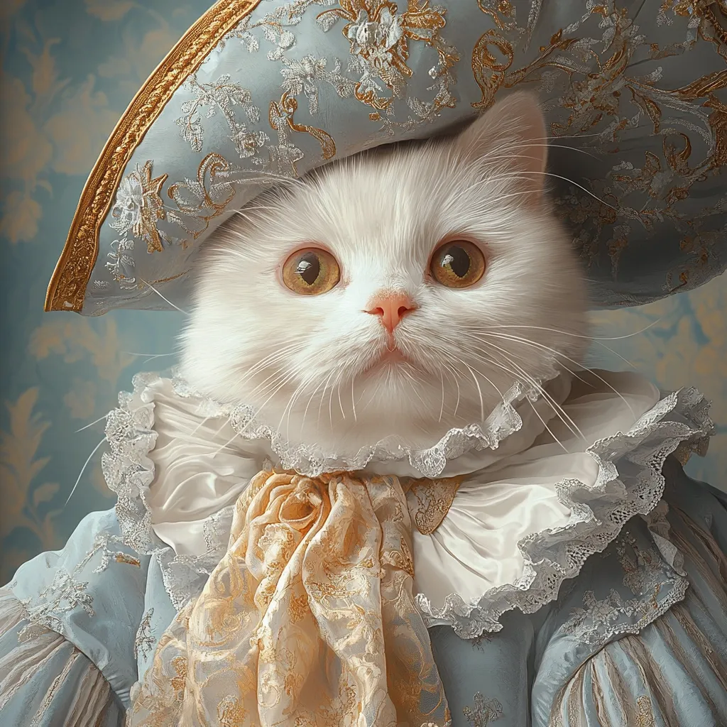 A regal white cat is elegantly portrayed in a blue and gold 18th-century-style costume.  The cat wears a wide-brimmed hat adorned with gold detailing, a ruffled lace collar, and a delicate gold-patterned sash. Its large, expressive eyes command attention, creating a captivating and whimsical portrait.  The soft, muted color palette enhances the image's aristocratic feel.