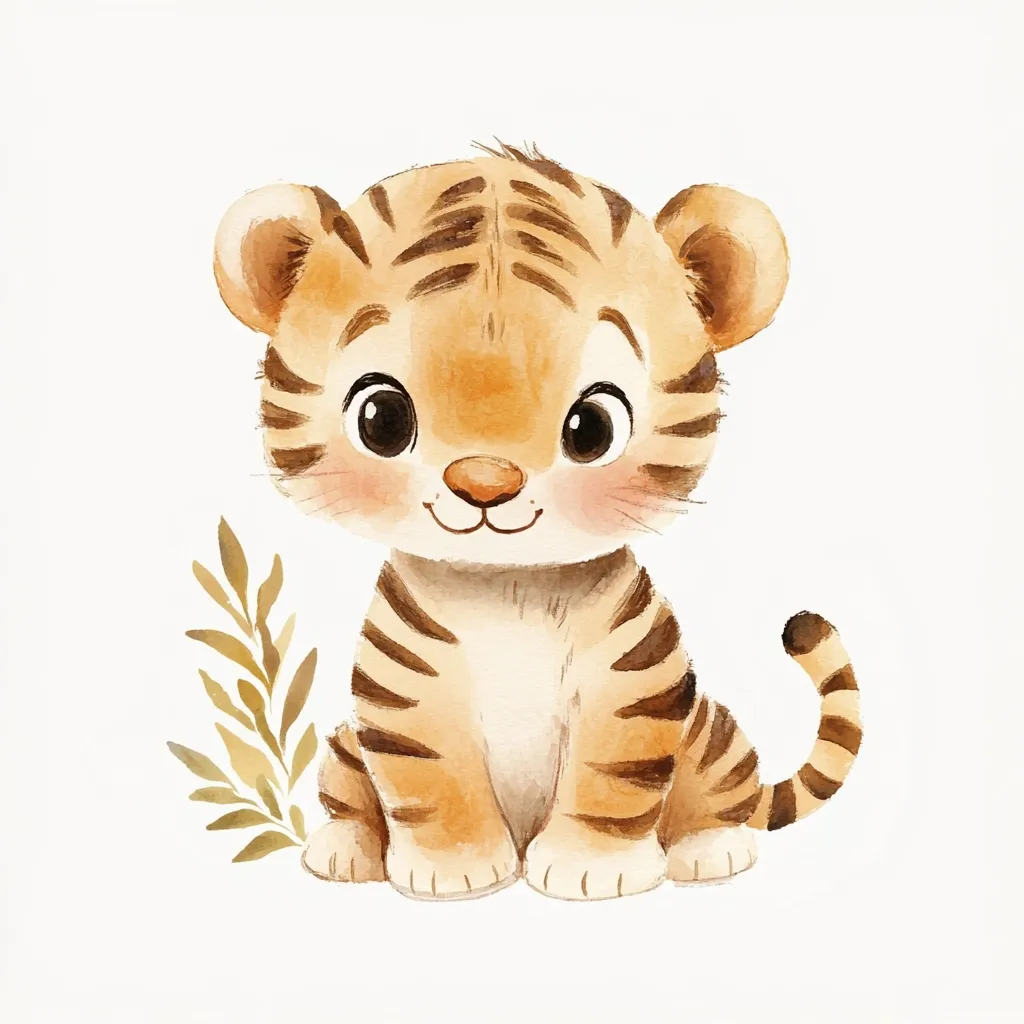 A watercolor illustration of an adorable baby tiger cub.  The tiger is depicted sitting, with large, expressive eyes and a sweet smile.  Its orange fur is detailed with dark brown stripes.  A small sprig of golden leaves sits beside it, adding to the charming and whimsical nature of the artwork. The style is soft and gentle, perfect for children's books or nursery decor.