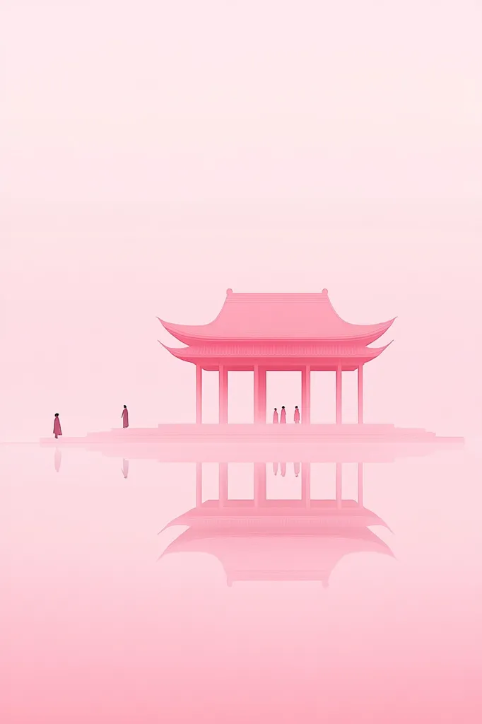 A minimalist illustration depicts a pink pavilion reflected in calm, pink water under a hazy sky.  Several small figures stand near the pavilion, adding a sense of scale and solitude to the serene scene. The soft pink hues create a peaceful and dreamy atmosphere.  The overall style is simple yet evocative, emphasizing tranquility and stillness.