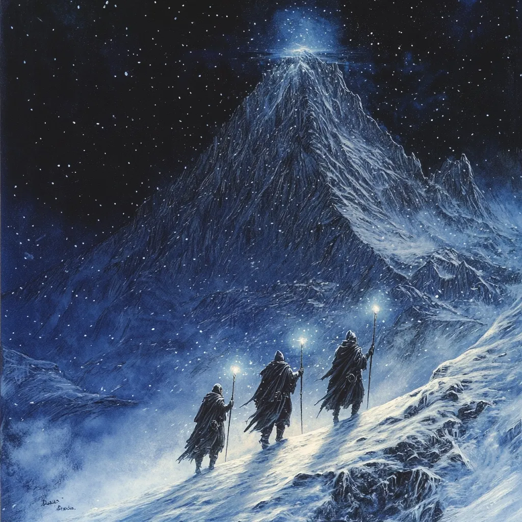 Three cloaked figures, each carrying a torch, ascend a snow-covered mountain under a dark, starry sky.  A luminous peak glows faintly in the distance, seemingly their destination.  Snow falls gently, blanketing the landscape in a cold, ethereal beauty. The scene evokes a sense of journey, mystery, and perhaps a quest for something beyond the mountain.