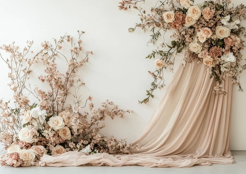A blush-toned backdrop features a flowing sheer fabric draped against a white wall.  Delicate floral arrangements in varying shades of beige and cream, including roses and dried branches, adorn either side of the fabric, creating a romantic and elegant setting.  The overall aesthetic is soft, dreamy, and perfect for a wedding or special event.