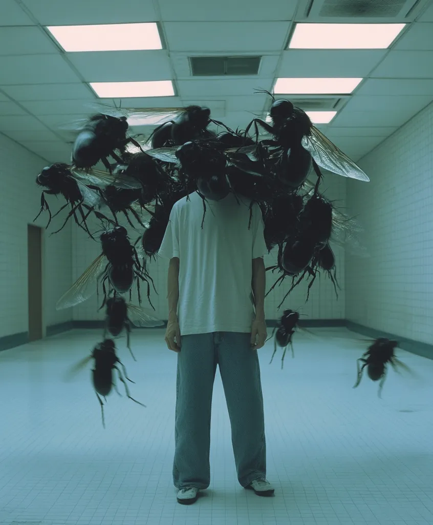 A person in a white shirt and blue jeans stands in a sterile, tiled hallway.  A swarm of large, dark insects surrounds their head and shoulders, some also flying around them in the hallway. The scene is eerily calm, contrasting the unsettling presence of the insects. The overall tone is surreal and slightly unsettling.