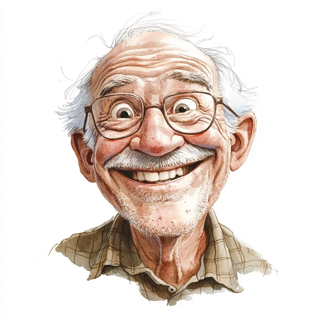 A watercolor illustration of a joyful elderly man with spectacles.  His wide, expressive eyes and broad smile convey immense happiness.  His white hair and goatee add to his character, creating a whimsical and endearing portrait.  The man is dressed in a simple, plaid shirt, suggesting a comfortable and perhaps playful personality. The style is detailed and realistically rendered, yet still cartoonish in its exaggeration of features.
