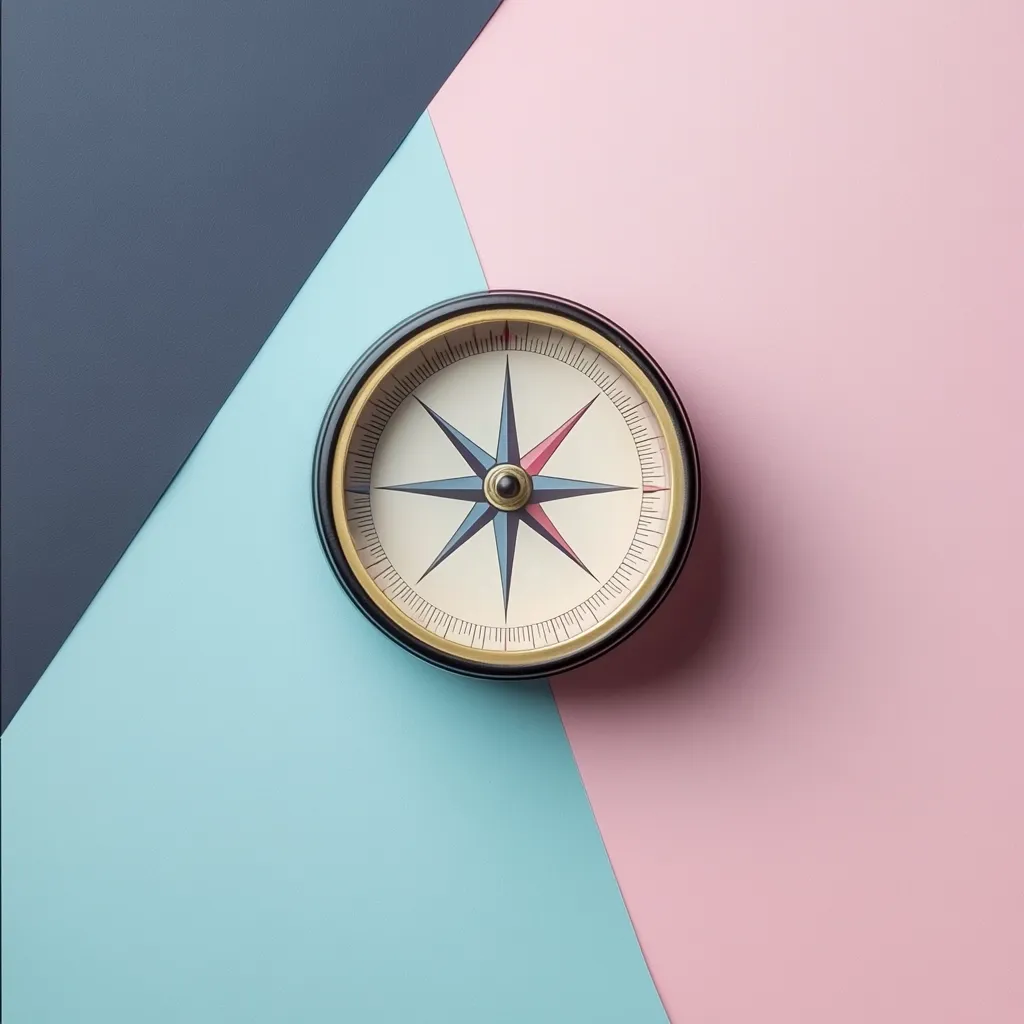 A vintage-style compass rests on a pastel-colored background. The compass features a cream-colored face with a dark-colored needle, set against a black outer ring.  The background is divided into sections of pale pink, light blue, and dark blue, creating a geometric design.  The image evokes a sense of direction and guidance.