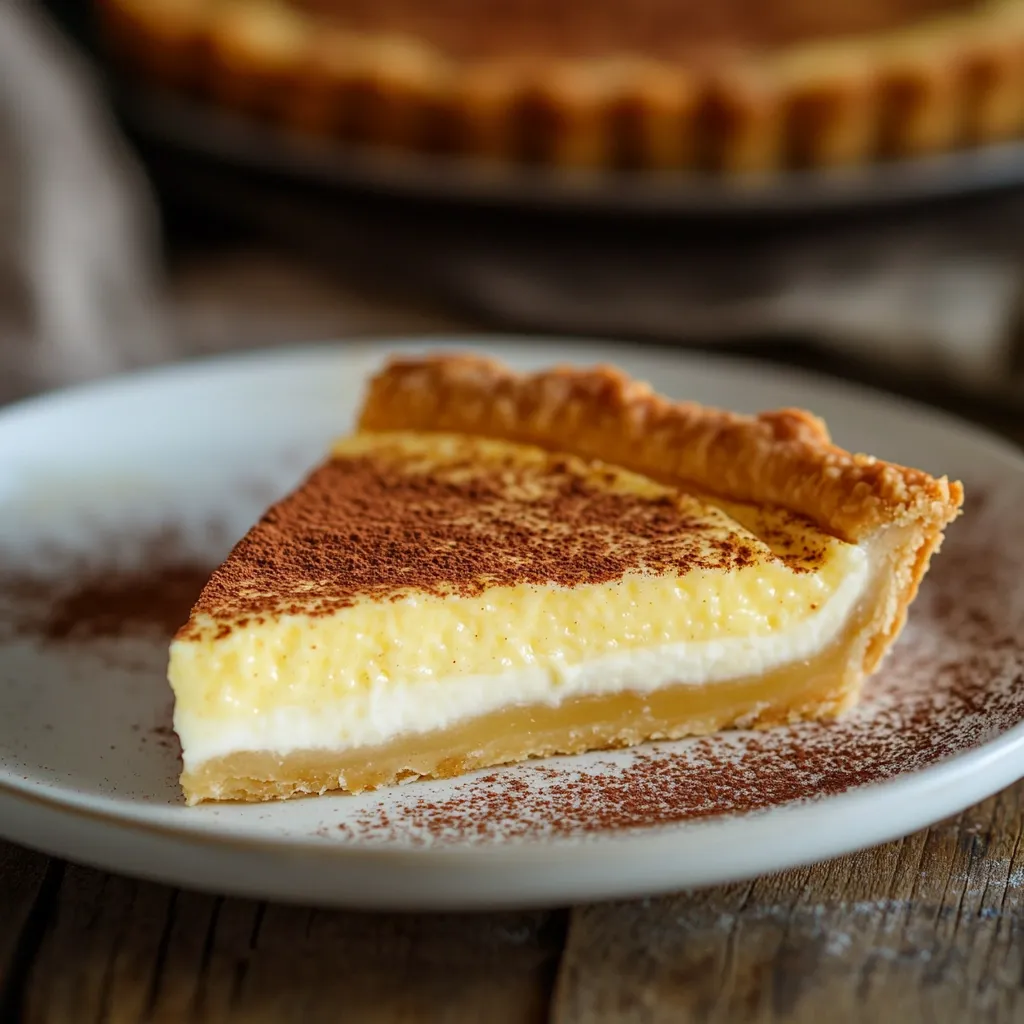 A slice of creamy custard tart, dusted with cocoa powder, sits on a white plate.  The tart has a golden-brown pastry crust and a smooth, pale yellow custard filling.  A slightly blurred whole tart is visible in the background, showcasing the overall dessert. The scene is rustic and warm, highlighting the delicious-looking treat.