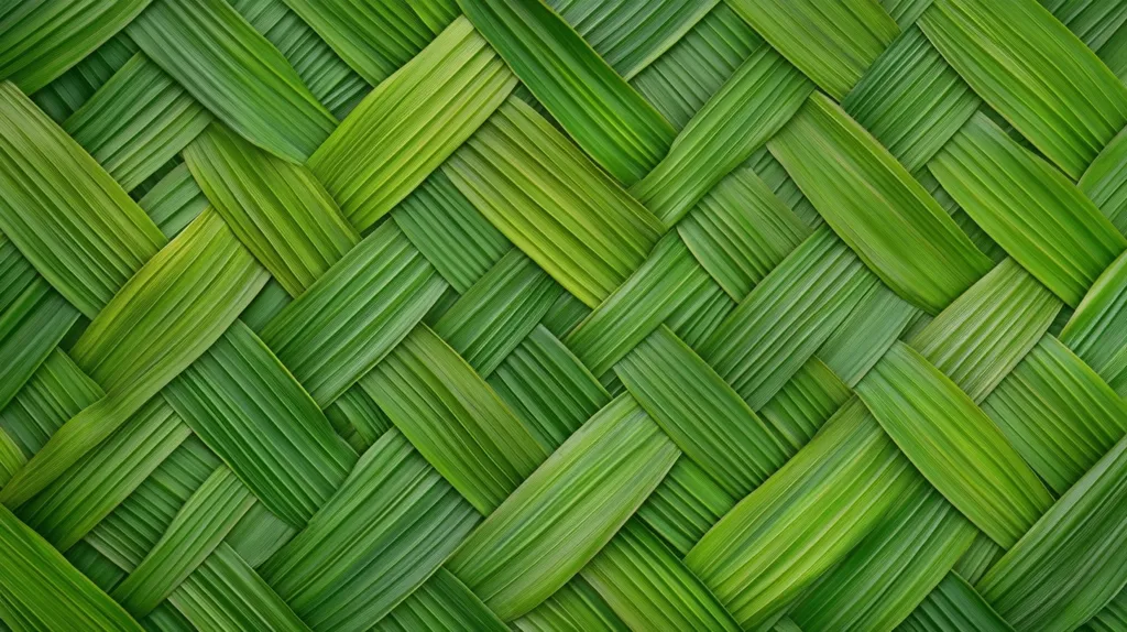 A tightly woven pattern of vibrant green leaves creates a visually appealing texture.  The leaves are long and slender, intricately interlaced to form a complex, repeating diamond shape across the entire image.  The consistent color and precise weaving demonstrate a meticulous craftsmanship.  The overall effect is one of natural beauty and ordered complexity.