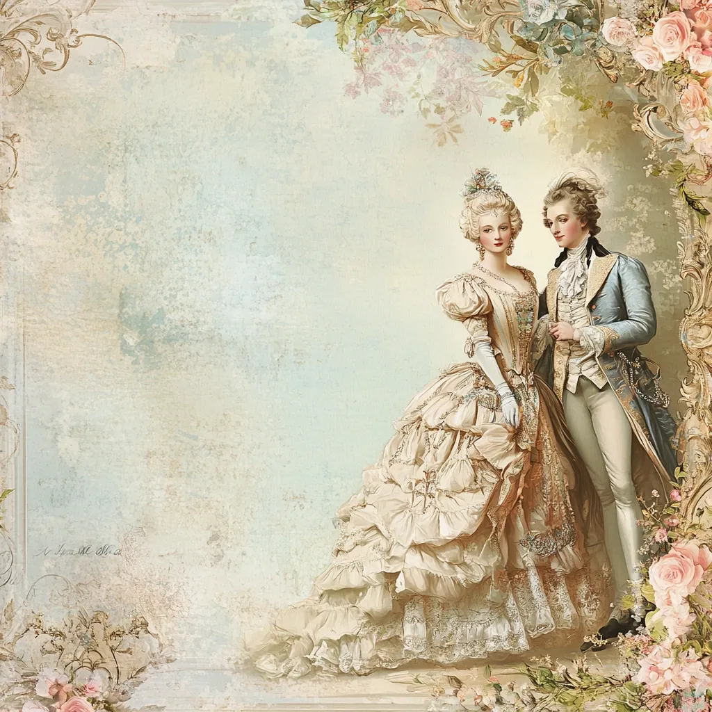 A romantic illustration depicts a couple in elegant 18th-century attire.  The woman, in a voluminous cream gown, stands beside a man in a blue coat and white breeches.  They are framed by ornate, floral embellishments and a textured, antique background. The pastel colors and delicate details evoke a sense of timeless romance and aristocratic elegance. The overall style suggests a vintage or antique print.