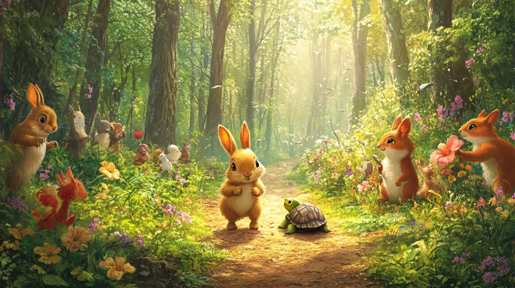 A whimsical illustration depicts a sunlit forest path where a small brown rabbit stands facing a tiny turtle.  Surrounding them are other woodland creatures: rabbits, squirrels, and a small fox-like animal.  Vibrant wildflowers and lush greenery fill the forest floor, creating a magical, peaceful scene.  The overall style is gentle and charming.