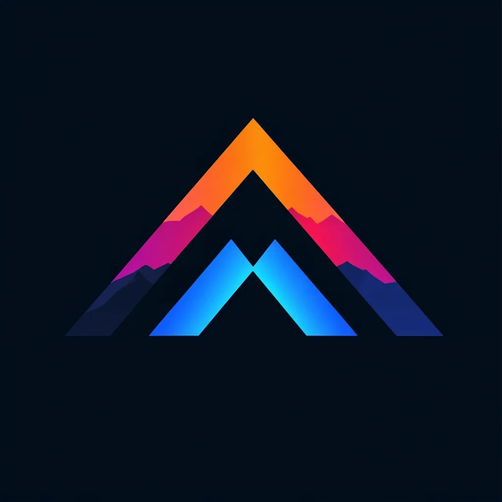 A vibrant logo featuring a stylized letter "A" is depicted against a dark background. The "A" is formed by two overlapping triangles, the top one showcasing a gradient of orange and pink, suggestive of a sunset over silhouetted mountains.  The bottom triangle is a contrasting bright blue, creating a striking visual effect. The design is minimalist yet bold, conveying a sense of ascension or achievement.