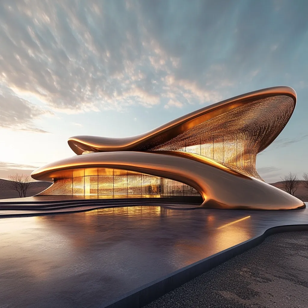 A futuristic, bronze-colored building with flowing, organic curves stands in a desert landscape.  Its smooth exterior reflects the sunset, while internal lighting shines through patterned glass walls.  The structure is sleek and modern, seemingly emerging from the sand.  A dark, reflective pool stretches out in front, creating a sense of calm and luxury.  The overall design is striking and visually arresting.