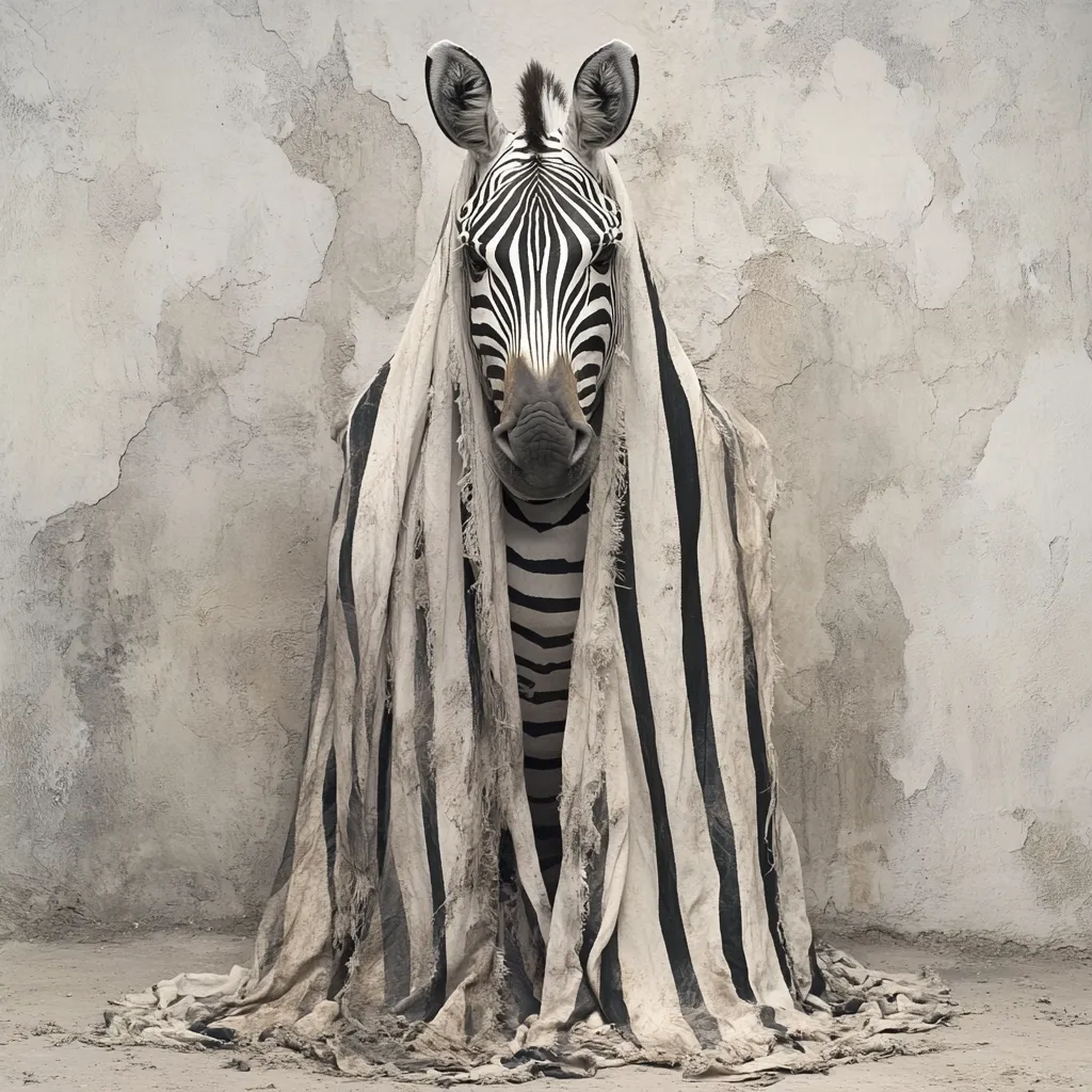 A zebra stands shrouded in a large, striped cloth that mimics its own pattern.  The fabric is worn and dusty, contrasting with the zebra's clean markings. The setting is a simple, textured wall and dusty ground, emphasizing the animal's concealed form. The image suggests themes of concealment, camouflage, or perhaps the tension between natural and artificial patterns.