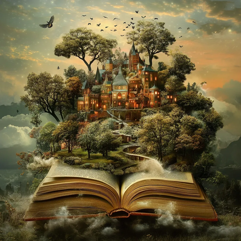 A whimsical fairytale castle nestled within a lush, green landscape sits atop a majestic, open book.  Birds fly overhead, adding to the enchanting scene.  The castle glows warmly, suggesting a magical and inviting atmosphere. The book appears ancient, implying a timeless story contained within its pages, bringing the fantasy world to life.