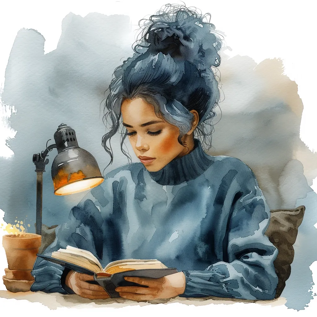 A watercolor painting depicts a young woman with dark, curly hair styled in a high bun, engrossed in reading a book. She's wearing a cozy, light blue turtleneck sweater. A desk lamp illuminates her book, casting a warm glow. The overall mood is serene and peaceful, capturing a moment of quiet contemplation and enjoyment of literature.  The background is softly rendered in shades of blue and grey.