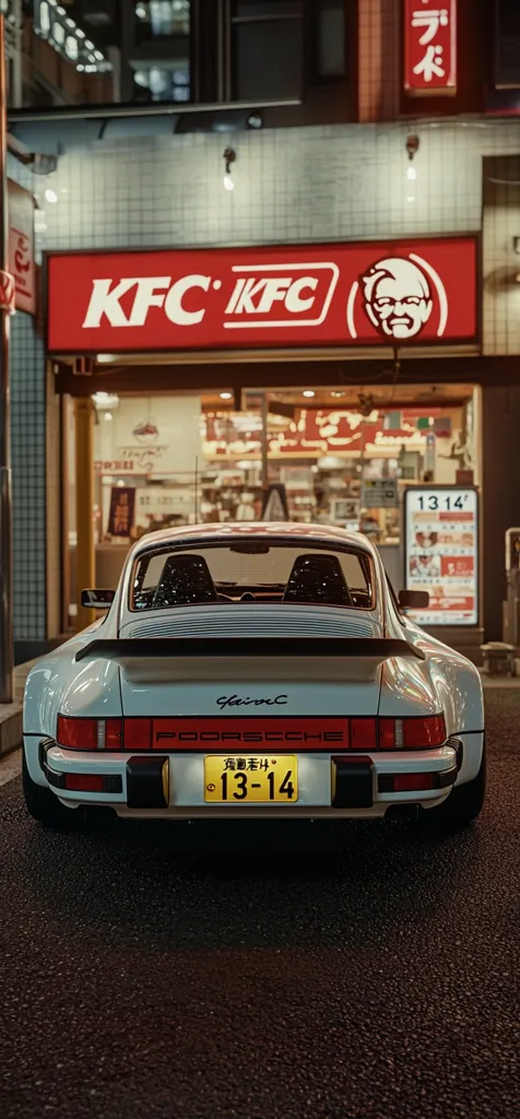 A classic white Porsche 911 Carrera is parked on a city street at night. The car is in front of a KFC restaurant with its iconic red and white signage. The license plate displays "13-14".  The scene is bathed in warm, artificial light, creating a nostalgic atmosphere. The image suggests a blend of classic automotive style and contemporary urban life.