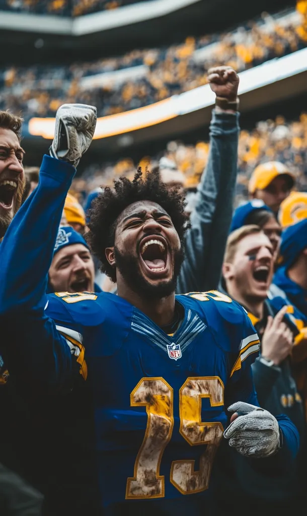 A young football player in a mud-splattered blue jersey, number 26, celebrates jubilantly with raised fists.  Surrounded by enthusiastic fans in a packed stadium, he screams with excitement, his mouth wide open. The energy of the crowd and the player's intense emotion capture the thrill of victory. The blurred background emphasizes the focus on the central figure.