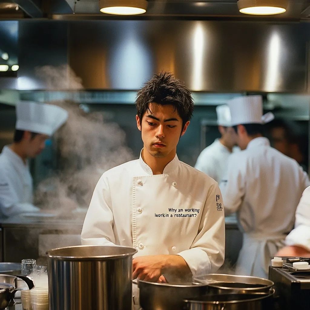 A young male chef, wearing a pristine white jacket with the question "Why am I working in a restaurant?" inscribed on it, stands attentively in a busy restaurant kitchen.  Steam rises around him, hinting at the culinary activity.  Other chefs, also in white uniforms, are visible in the background, blurred by the focus on the central figure.  The scene is one of focused concentration and professional activity within a high-end kitchen setting.