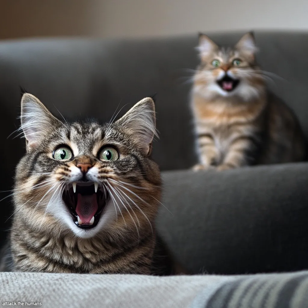 Two tabby cats with wide-open mouths are shown in a close-up shot.  The foreground cat is sharply in focus, exhibiting a fierce expression, while the background cat is slightly blurred, appearing to mimic the first. Both cats seem to be playfully or aggressively "attacking" the viewer.  The grey couch adds to the scene's playful, slightly menacing ambiance.