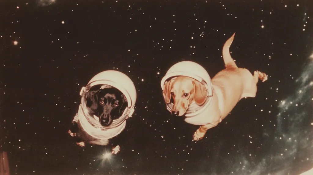 Two dachshunds, one black and one tan, float in space wearing miniature astronaut helmets.  The starry backdrop shows a nebula in the lower right corner.  The image is reminiscent of vintage space exploration photography, with a whimsical, surreal touch.  The dogs appear calm and somewhat curious amidst the cosmos.
