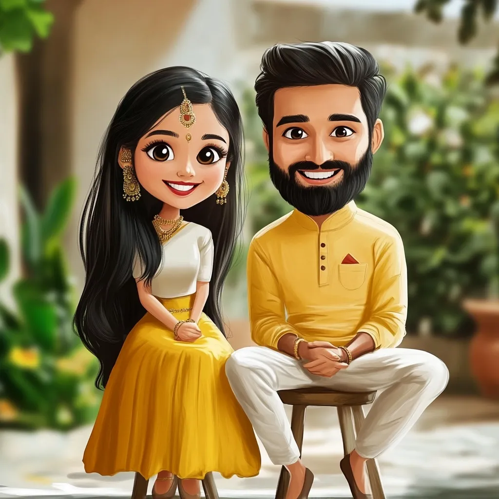 A charming caricature depicts a young couple, styled in traditional South Asian attire.  The woman, with long black hair and large eyes, wears a yellow skirt and white blouse adorned with gold jewelry. Her male counterpart sports a yellow kurta and white pants, his beard adding to his handsome appearance. Both are seated, their joyful expressions radiating happiness.  The artistic style is vibrant and playful, capturing a sweet moment.