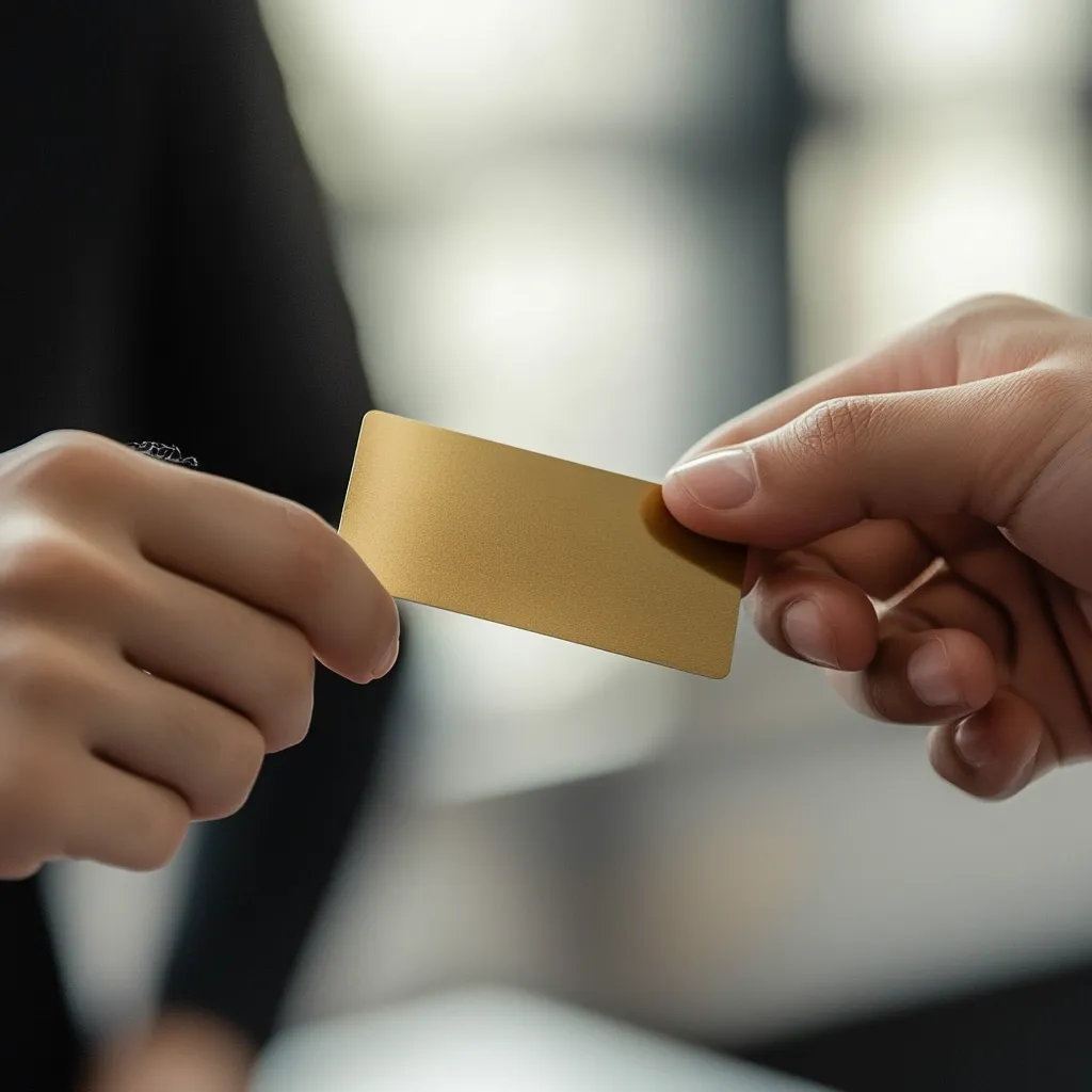 Close-up view of two hands exchanging a gold-colored card.  The card is blank, suggesting it could be a business card, credit card, or membership card. The background is blurred, indicating a business or professional setting.  The focus is sharply on the hands and the card, highlighting the transaction or exchange.