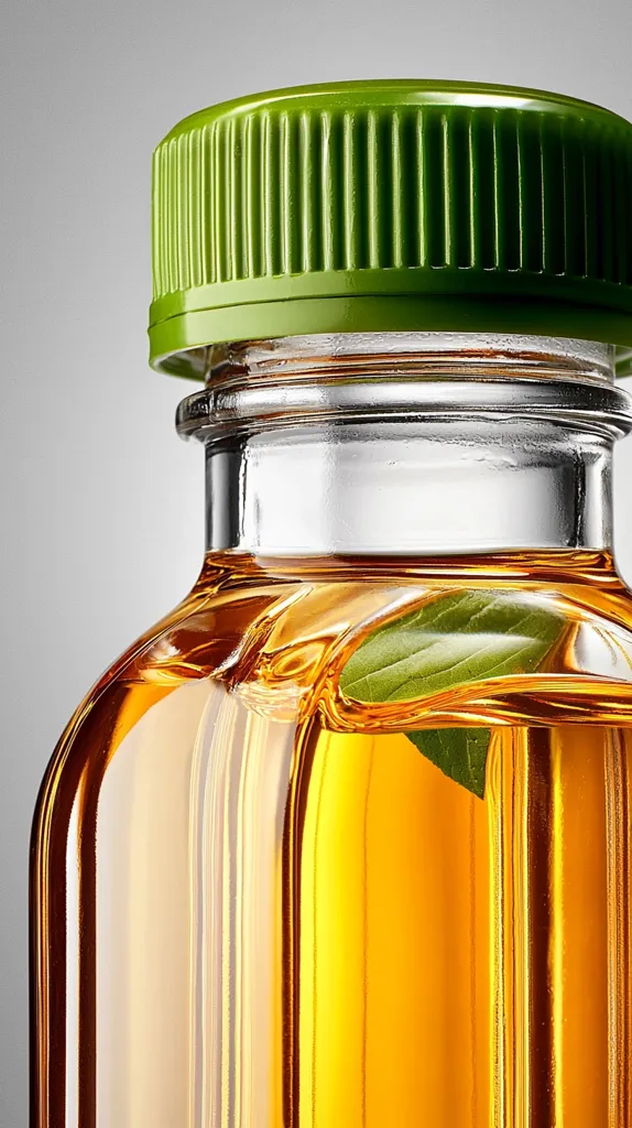 Close-up of a clear glass bottle with a green cap, filled with a golden-amber liquid.  A single leaf is partially submerged in the liquid, suggesting a natural or herbal product. The bottle's shape is rectangular with slightly curved sides, and the liquid is translucent, showcasing its rich color and texture.  The lighting highlights the glossiness of both the bottle and its contents.