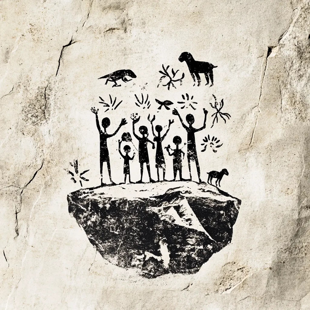 A stylized cave painting depicts a group of figures, possibly a family or community, standing on a rock.  They are rendered in simple, black silhouettes with raised arms, suggesting celebration or ritual.  Surrounding them are images of animals—a dog, a goat, and a bird—and abstract symbols. The overall style is reminiscent of prehistoric art, evoking a sense of ancient history and human connection with nature.  The texture suggests it's carved or painted onto a rough stone surface.