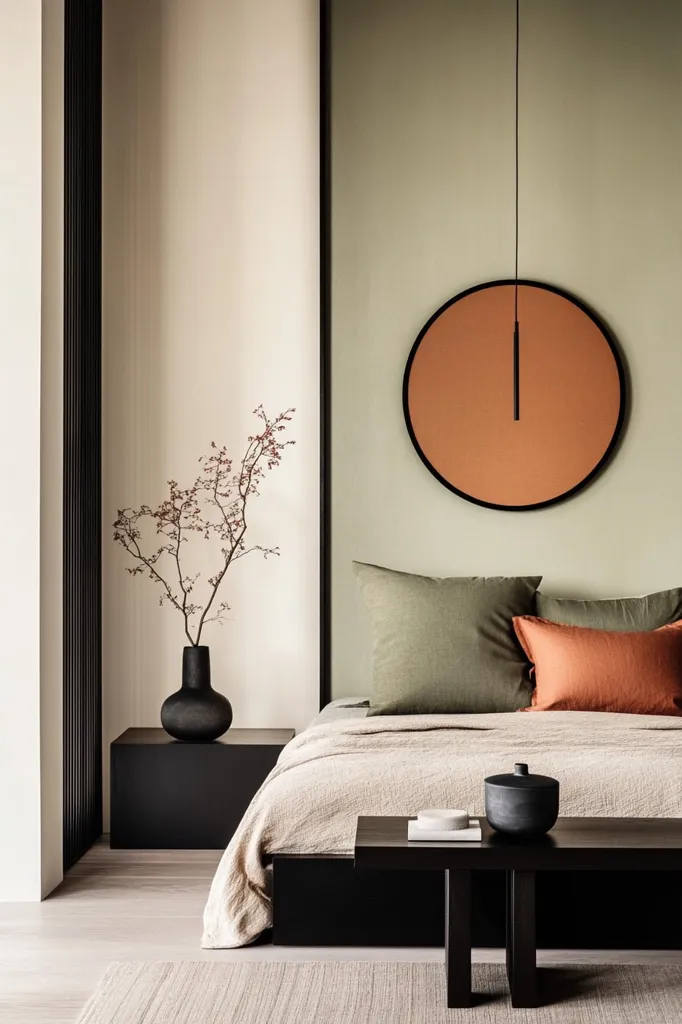 A minimalist bedroom features a neutral color palette with beige walls and sage green accents.  A large, circular, terracotta-colored wall hanging adds a pop of color.  The bed is dressed in linen bedding in muted greens and browns. A black side table holds a dark vase with dried branches. A low black coffee table sits in front of the bed, adding to the clean, modern aesthetic.  The overall atmosphere is calm and serene.