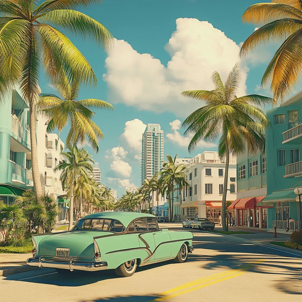 A mint green classic car cruises down a sun-drenched Miami street, lined with Art Deco buildings and swaying palm trees.  The bright sky is punctuated by fluffy white clouds.  The scene evokes a nostalgic, vintage feel, capturing the iconic beauty of a tropical city.  Other classic cars are parked along the roadside, adding to the retro atmosphere.