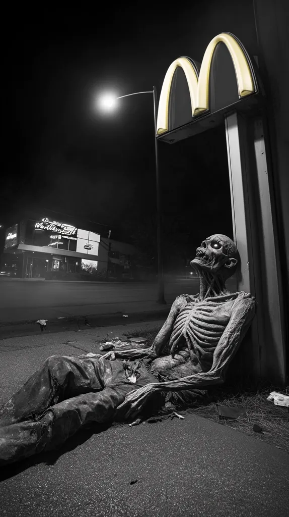 A black and white image depicts a skeletal figure, seemingly decaying, reclining on the pavement beneath a McDonald's golden arches sign at night. The figure is dressed in tattered pants, its bony frame visible.  A dimly lit street and a building are visible in the background, creating a stark, eerie atmosphere. The overall scene is unsettling and surreal.